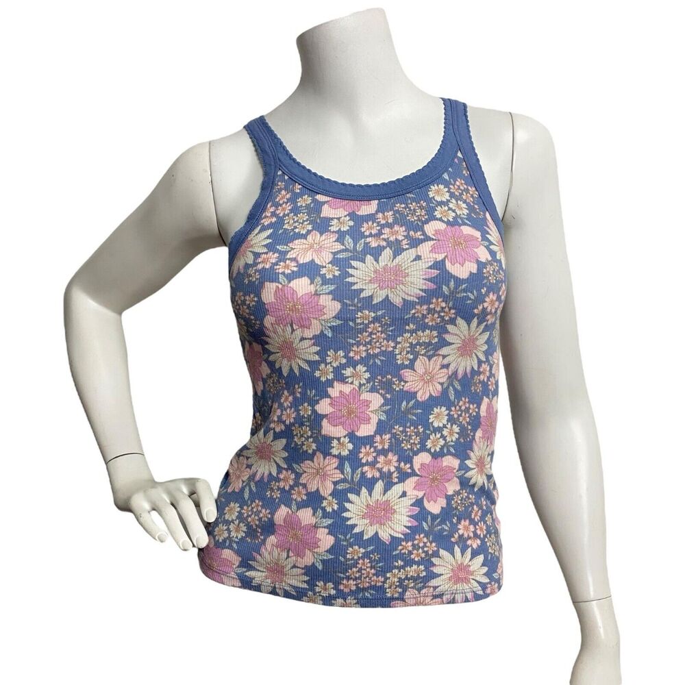 American Eagle Outfitters Women's Blue Pink Floral Tank Top Size S Fitted Y2K
